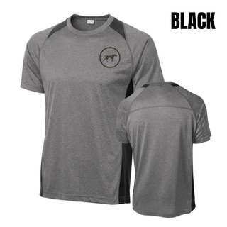 Birddogs Basketball Circle Icon Colorblock Contender Top in grey heather with black accents, featuring a camo dog-in-circle icon on the chest