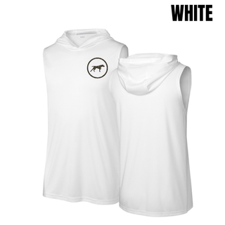 Birddogs Basketball Circle Icon Competitor Sleeveless Hoodie in White, featuring a camo dog-in-circle icon on the chest