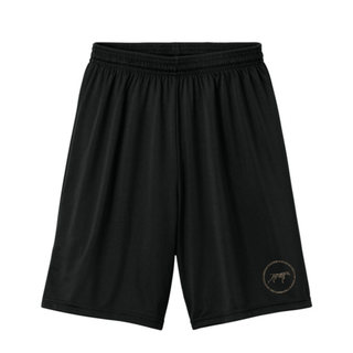 Birddogs Basketball Circle Icon Cooling Performance Shorts in Black, featuring a camo dog-in-circle icon near the hem