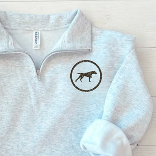 Birddogs Basketball Circle Icon Fleece Quarter-Zip in Ash Grey, featuring a camo dog-in-circle icon on the left chest
