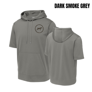 Birddogs Basketball Circle Icon Fleece Short Sleeve Hooded Pullover featuring a camo dog-in-circle icon on the front