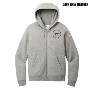 Birddogs Basketball Circle Icon Full-Zip Hoodie in Dark Grey Heather, featuring a camo dog-in-circle icon on the left chest and an embroidered Swoosh logo on the left sleeve