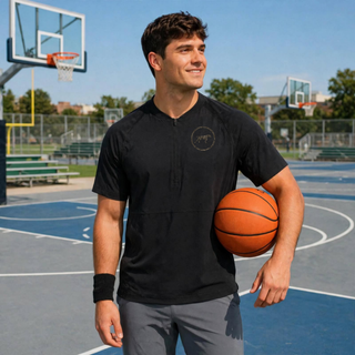 Birddogs Basketball Circle Icon Half-Zip Short Sleeve Jacket in Black, featuring a camo dog-in-circle icon on the left chest