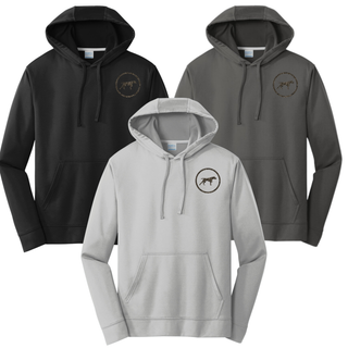 Birddogs Basketball Circle Icon Performance Fleece Hoodie in Black, Charcoal, and White, featuring a camo dog-in-circle icon on the left chest