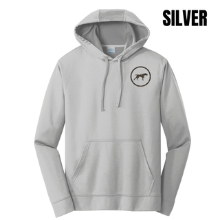 Birddogs Basketball Circle Icon Performance Fleece Hoodie featuring a camo dog-in-circle icon on the left chest