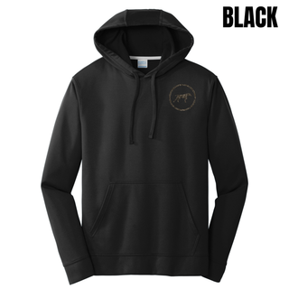 Birddogs Basketball Circle Icon Performance Fleece Hoodie featuring a camo dog-in-circle icon on the left chest