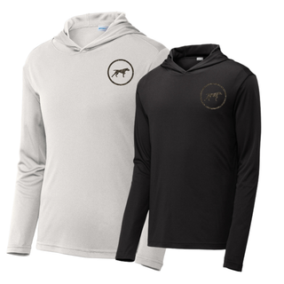 Birddogs Basketball Circle Icon PosiCharge Competitor Hoodie in White and Black, featuring a camo dog-in-circle icon on the front