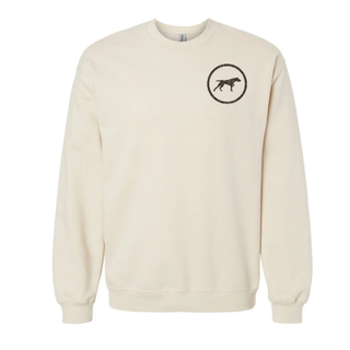 Birddogs Basketball Circle Icon Top in cream, crewneck sweatshirt with a small Birddogs dog icon inside a circle on the left chest