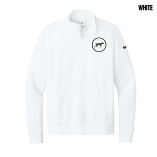 Birddogs Basketball Circle Icon Women's Club Fleece 1/2-Zip in White, camo dog-in-circle icon on the left chest with embroidered Swoosh logo on the sleeve