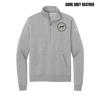 Birddogs Basketball Circle Icon Women's Club Fleece 1/2-Zip in Dark Grey Heather, camo dog-in-circle icon on the left chest with embroidered Swoosh logo on the sleeve