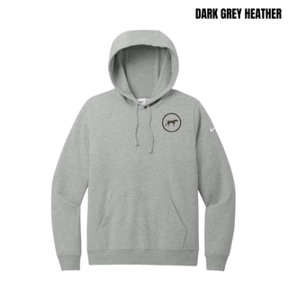 Birddogs Basketball Circle Icon Women's Club Fleece Pullover Hoodie in Dark Grey Heather, featuring a camo dog-in-circle icon on the left chest