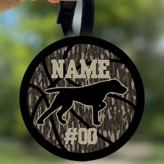 Round Birddogs Basketball custom bag tag with camouflage basketball background, bird dog silhouette, name, and number personalization