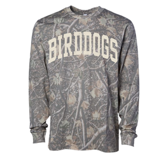 Birddogs Basketball Distressed Arch Camo Long Sleeve Top folded flat, featuring distressed arched BIRDDOGS lettering in off-white ink on an all-over camo print