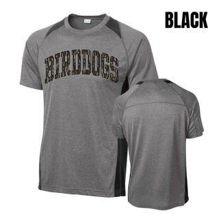Birddogs Basketball Distressed Arch Colorblock Contender Top in Grey Heather with Black accents, front and back view, with arched camo BIRDDOGS lettering