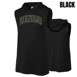 Birddogs Basketball Distressed Arch Competitor Sleeveless Hoodie in Black, front and back view, with arched camo BIRDDOGS lettering