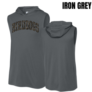 Birddogs Basketball Distressed Arch Competitor Sleeveless Hoodie in Iron Grey, front and back view, with arched camo BIRDDOGS lettering