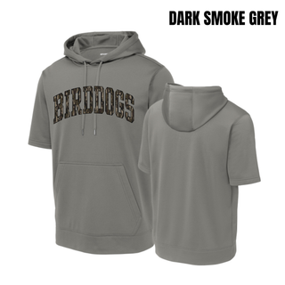 Birddogs Basketball Distressed Arch Fleece Short Sleeve Hooded Pullover in Dark Smoke Grey, camo BIRDDOGS lettering on chest