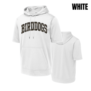 Birddogs Basketball Distressed Arch Fleece Short Sleeve Hooded Pullover in White, camo BIRDDOGS lettering on chest
