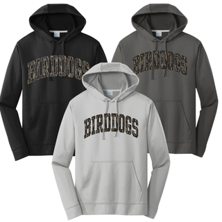 Birddogs Basketball Distressed Arch Performance Fleece Hoodie in Black, Charcoal, and White with camo arch BIRDDOGS lettering