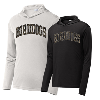 Birddogs Basketball Distressed Arch PosiCharge Competitor Hoodie shown in Silver and Black with distressed camo BIRDDOGS lettering in a varsity arch