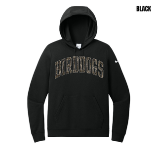 Birddogs Basketball Distressed Arch Women's Club Fleece Pullover Hoodie in Black with arched camo BIRDDOGS lettering