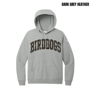 Birddogs Basketball Distressed Arch Women's Club Fleece Pullover Hoodie in Dark Grey Heather with arched camo BIRDDOGS lettering