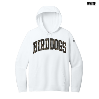 Birddogs Basketball Distressed Arch Women's Club Fleece Pullover Hoodie in White with arched camo BIRDDOGS lettering