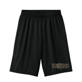 Birddogs Basketball Distressed Block Cooling Performance Shorts in Black, featuring camo BIRDDOGS block lettering with a basketball accent on the lower leg