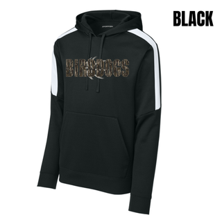 Birddogs Basketball Distressed Block Fan Favorite Hoodie in Black with white colorblock panels, camo BIRDDOGS block lettering with basketball accent