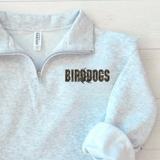 Birddogs Basketball Distressed Block Fleece Quarter-Zip in Ash Grey, close-up of camo BIRDDOGS block lettering with basketball accent
