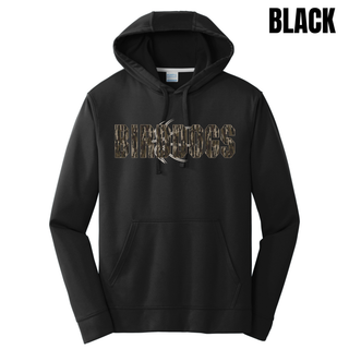 Birddogs Basketball Distressed Block Performance Fleece Hoodie in Black, featuring camo BIRDDOGS block lettering with a basketball accent