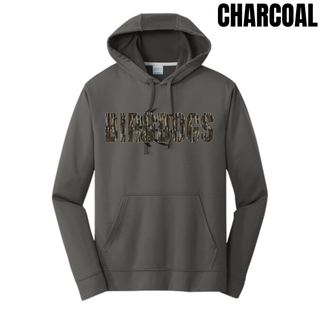 Birddogs Basketball Distressed Block Performance Fleece Hoodie in Charcoal, featuring camo BIRDDOGS block lettering with a basketball accent