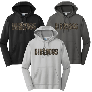 Birddogs Basketball Distressed Block Performance Fleece Hoodie in Black, Charcoal, and Silver, featuring camo BIRDDOGS block lettering with a basketball accent