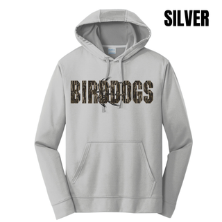 Birddogs Basketball Distressed Block Performance Fleece Hoodie in Silver, featuring camo BIRDDOGS block lettering with a basketball accent
