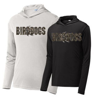 Birddogs Basketball Distressed Block PosiCharge Competitor Hoodie in Silver and Black, featuring camo BIRDDOGS block lettering with a basketball accent