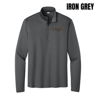 Birddogs Basketball Distressed Block PosiCharge Quarter-Zip in Iron Grey, featuring camo BIRDDOGS block lettering with a basketball accent