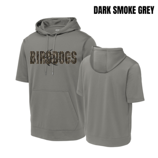 Dark Smoke Grey Birddogs Basketball Distressed Block Fleece Short Sleeve Hooded Pullover with camouflage BIRDDOGS lettering and basketball graphic, front and back views