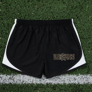 Birddogs Basketball Distressed Block Women's Cadence Performance Shorts in Black with white trim, flat lay view, featuring camo BIRDDOGS block lettering with a basketball accent