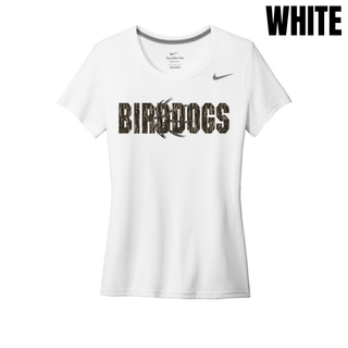 Birddogs Basketball Distressed Block Women's rLegend Tee in White, camo BIRDDOGS block lettering with basketball accent