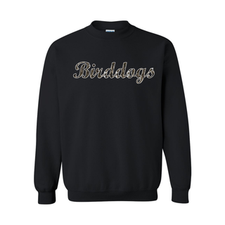 Birddogs Basketball Script Top in Black crewneck sweatshirt with camo Birddogs script lettering on the chest