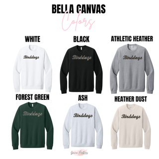 Birddogs Basketball Script Top Bella Canvas crewneck sweatshirt color options - White, Black, Athletic Heather, Forest Green, Ash, and Heather Dust