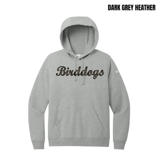 Birddogs Basketball Script Women's Club Fleece Pullover Hoodie in Dark Grey Heather with camo Birddogs script lettering on chest