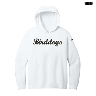 Birddogs Basketball Script Women's Club Fleece Pullover Hoodie in White with camo Birddogs script lettering on chest