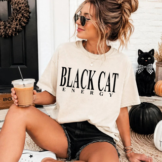 Black Cat Energy Comfort Colors adult top with black cat Halloween graphic