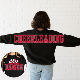 Black Gildan crewneck sweatshirt showing dawgs pom pom front design and cheerleading back in red, lifestyle
