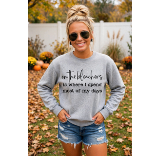Bleacher Mom Game Day Top shown on a Gildan crewneck sweatshirt with script and block lettering