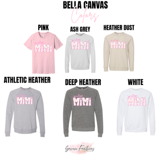 Bella Canvas blooming girly mimi tee and crewneck in pink, ash grey, heather dust, athletic heather, deep heather, white
