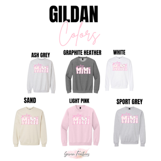 Gildan blooming girly mimi crewneck in ash grey, graphite heather, white, sand, light pink, and sport grey
