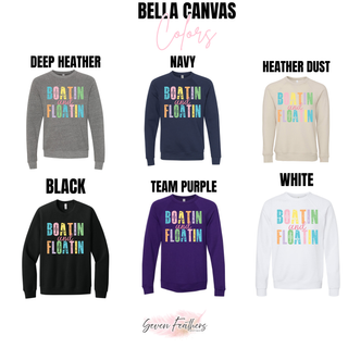 Boatin and Floatin Bella Canvas crewneck color swatches in deep heather, navy, heather dust, black, team purple, and white