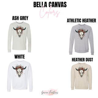 Boho cow skull Bella Canvas crewneck sweatshirt color options - Seven Feathers Boutique